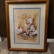 VTG Tim Conners Framed Print Little Girl Bonnet Feeding Chicken Chicks - £27.57 GBP