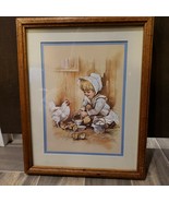 VTG Tim Conners Framed Print Little Girl Bonnet Feeding Chicken Chicks - £27.93 GBP
