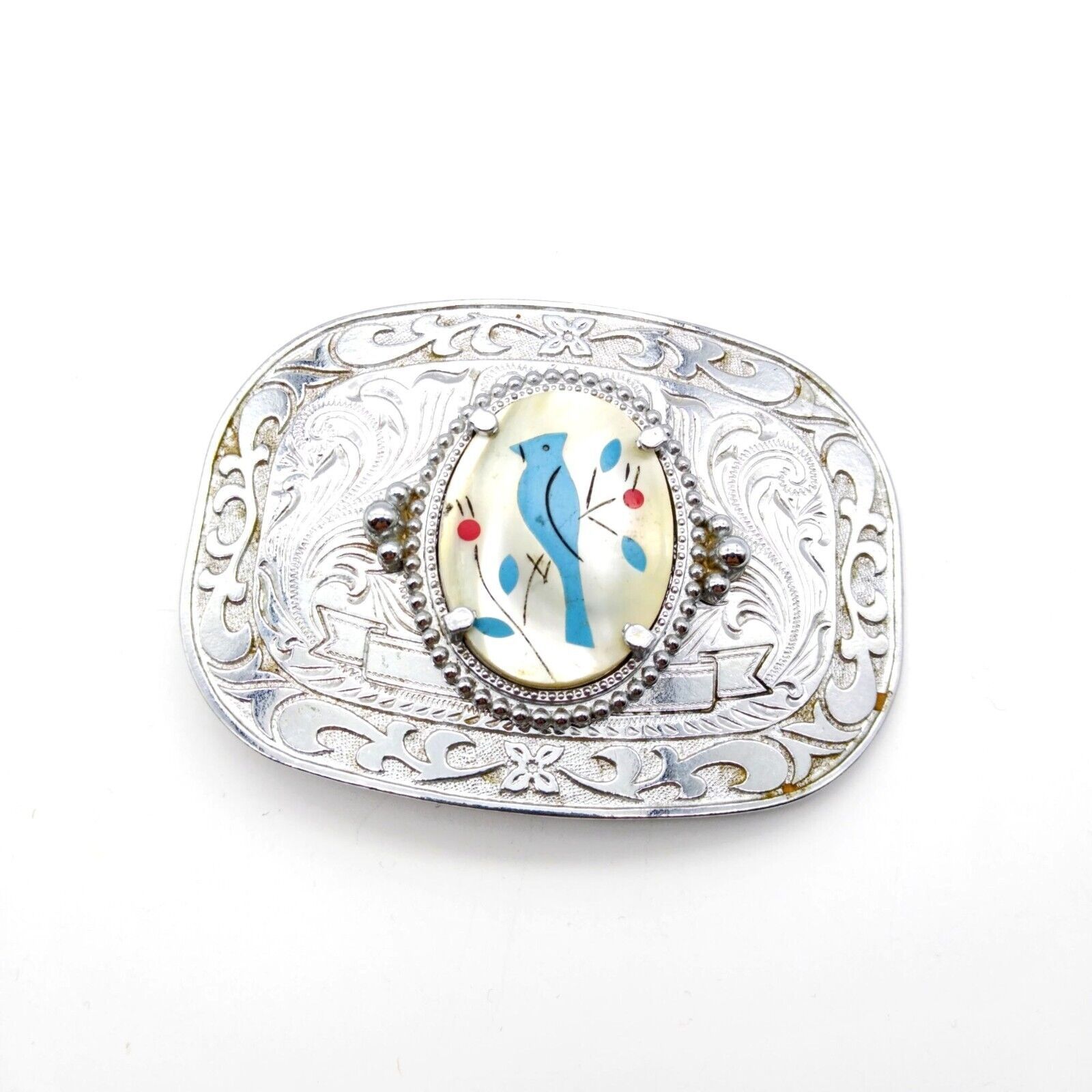 Primary image for Vintage Western Belt Buckle, Artisan Mother of Pearl Blue Bird on Berry Branch