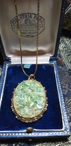 Antique Vintage Gold Chain &amp; Oval Ornate Framed Polished Jade Chip PENDANT - £24.91 GBP