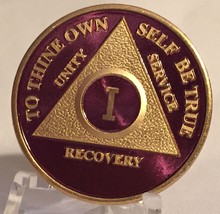 Purple &amp; Gold Plated One Year AA Chip Alcoholics Anonymous Medallion Coin 1 - £16.29 GBP