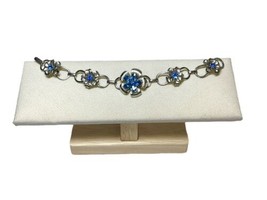 Coro Blue Flower Chain Bracelet Signed 7-1/4&quot; Rhinestones Or Czs Foldover Clasp - £19.65 GBP