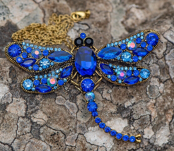 Dragonfly Blue Brooch Pin Jewelry Rhinestone Large Women Gold Necklace C... - £19.90 GBP