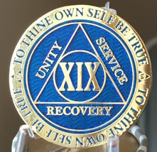 19 Year AA Medallion Blue Gold Plated Alcoholics Anonymous Sobriety Chip... - £14.36 GBP