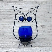 Metal Owl Votive Candleholder BLACK W Cobalt Blue Glass Cup Marble Eyes VTG 7&quot;H - £28.82 GBP