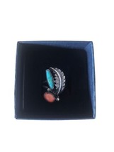 Vintage Navajo Sterling Silver Turquoise And Coral Leaf Design Ring Size 6 - £37.83 GBP