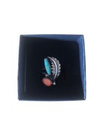 Vintage Navajo Sterling Silver Turquoise And Coral Leaf Design Ring Size 6 - £37.31 GBP