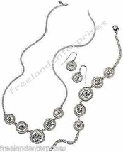 Necklace Bracelet &amp; Earrings Dangle Rose 3 Piece Gift Set ~Silvertone~ A... - $24.70