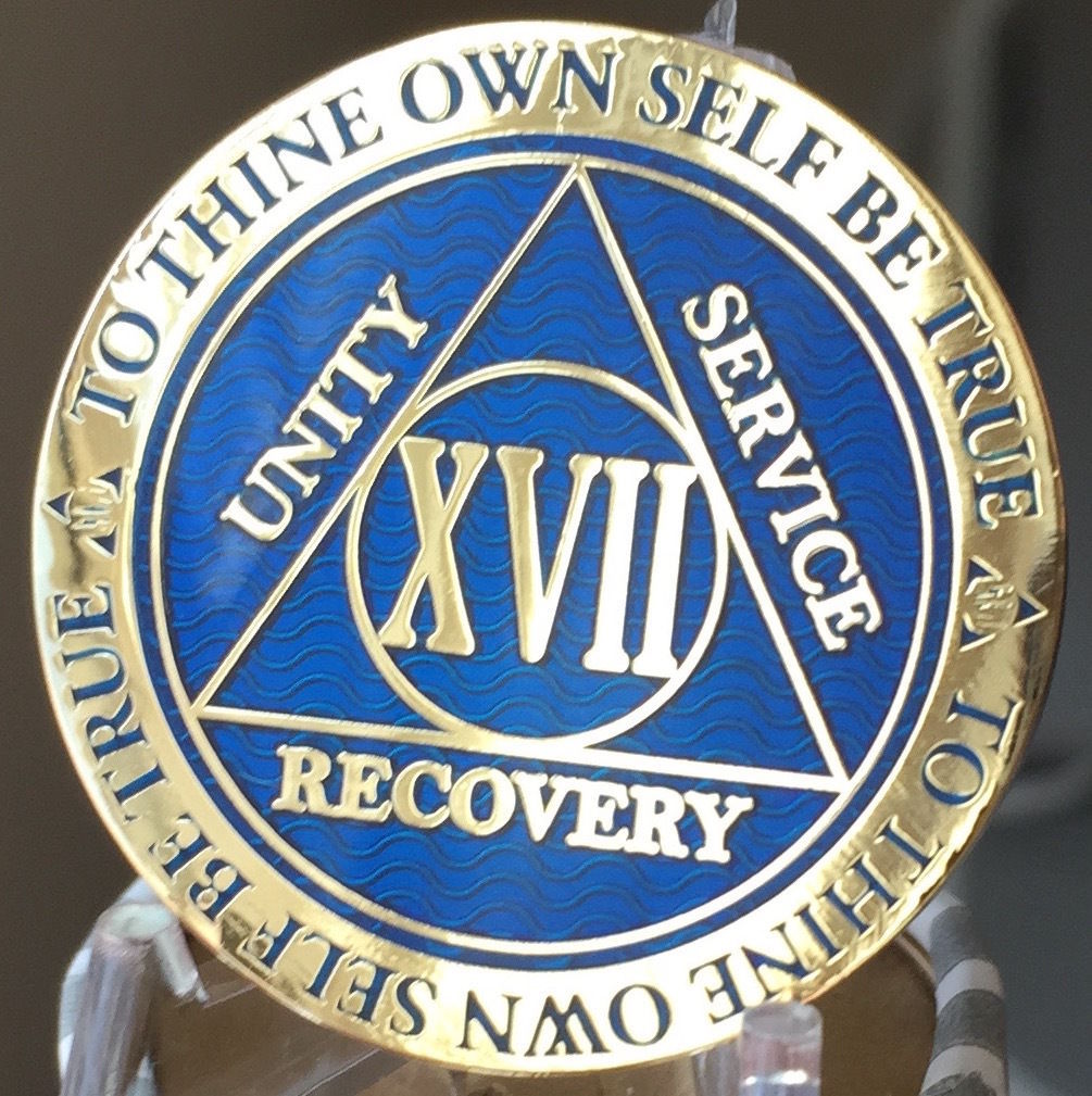 17 Year AA Medallion Blue Gold Plated Alcoholics Anonymous Sobriety ...