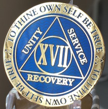 17 Year AA Medallion Blue Gold Plated Alcoholics Anonymous Sobriety Chip Coin  - £14.04 GBP