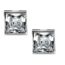 Clear Princess Cut Square CZ Bezel Basket Set Sterling Silver Men Stud Earrings - £14.36 GBP+