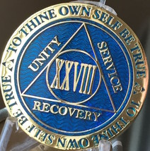 28 Year AA Medallion Blue Gold Plated Alcoholics Anonymous Sobriety Chip Coin  - £14.14 GBP