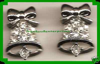 Christmas Earrings #335a Jingle Bell Pierced Earg Rhinestones/Silvertone Sparkle - $14.80