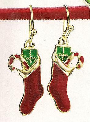 Christmas Earrings Holiday Dangle Earrings Red Stockings w/Green Pkg & Candycane - $12.82