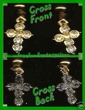 Christmas Earrings Rhinestone Cross Pierced Dangle Goldtone - $12.82
