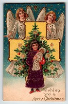 Christmas Postcard Embossed Lovely Angels Gold Cross Stars Vintage Religious - £10.40 GBP