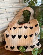 Knitted Handbag Large Tote Black Hearts 13”x14” Handle 9” Large Capacity... - $24.31