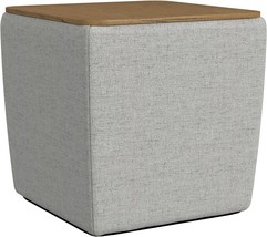 Gray Woven Storage Ottoman With Wood Top For Living Room And Bedroom, - £76.71 GBP