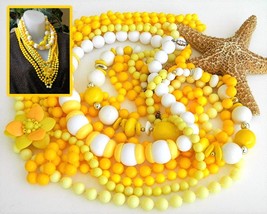 Vintage Lot 7 Plastic Bead Necklaces Yellow White Flower 18 To 60 Inch - $24.95