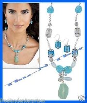 Necklace Earring Turquoise Colored Set Sea Glass Accent Gift Set ~ Silvertone ~ - £19.74 GBP