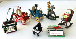 Lot Seven Vintage Wood Christmas Ornaments Rocking Horse Piano Grandma Cars + - $33.85