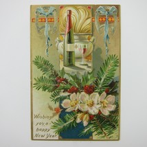 Postcard New Year Flowers Wine Horseshoes Raphael Tuck 600 Gold Embossed Antique - £10.29 GBP