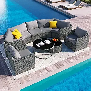 Merax 9-Pieces Gray Outdoor Half-Moon Patio, Modern Style Round Sofa Set Wicker - £1,532.71 GBP