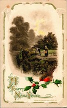 Vtg Postcard Joh Winsch - A Happy New Year - River Scene w Holly - Embossed - £4.30 GBP
