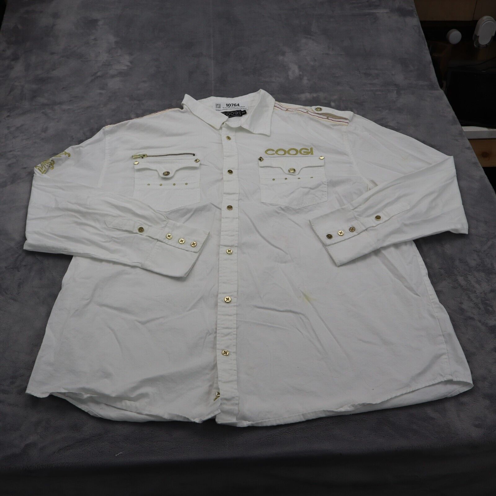 Primary image for Coogi Shirt Men 4XL White Long Sleeve Button Up Casual Gold Embroidery Accents