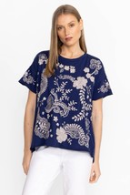 Johnny Was Raw Details Swing Tee T-Shirt Women LARGE Blue Embroidered Co... - $44.99