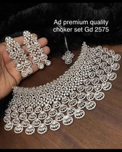 Indian CZ Bollywood Style Silver Plated  Bridal Big Choker Necklace Jewelry Set - £172.81 GBP
