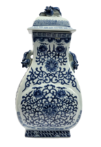 Vintage Blue and White Temple Jar with Lid Lotus Design 19 Inches Tall - £58.75 GBP