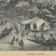 Flooded African Village Africa 1889 Victorian Print Henry Stanley 1st Ed DWV1C - £23.53 GBP