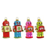 SET OF 4 GLASS ROBOT ORNAMENTS 3&quot; Retro Sci Fi Christmas Tree Outer Spac... - $702.32 MXN