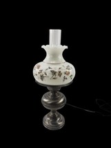 Vtg Brass Hurricane Parlor Table Lamp w Milk Glass &amp; Chimney Shade Roses - £54.49 GBP