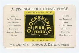 Glockenspiel Fine Food Advertising Card &amp; Mileage Chart Fredericksburg T... - £13.96 GBP