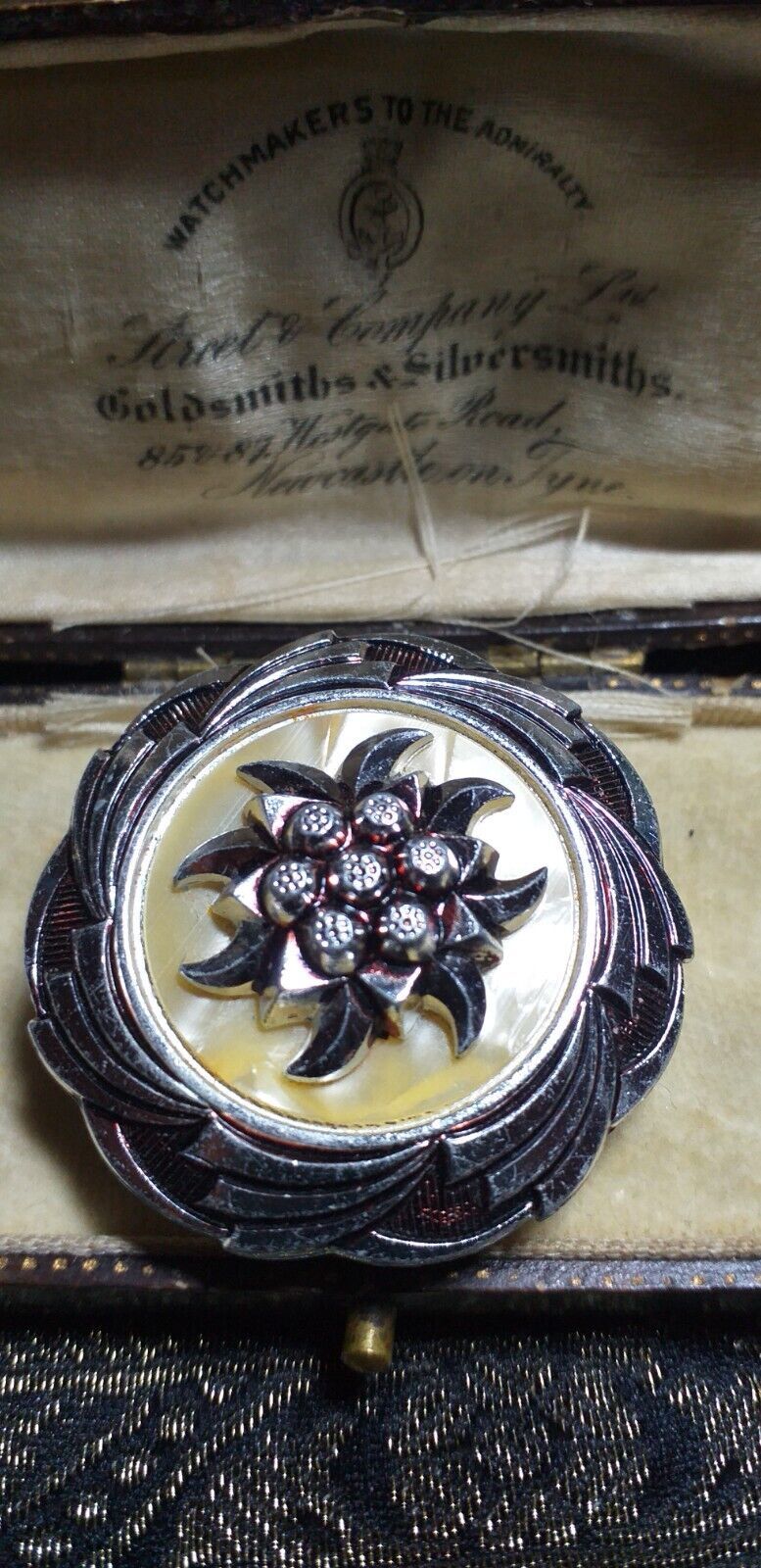 VINTAGE Silver Eloxal Mother of Pearl Raised Edelweiss Floral SCARF CLIP... - $21.78