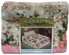 Vintage Cannon Satin Trim Floral Blanket 72"x90” Pink Floral Flower AcrylicBlend - $53.99