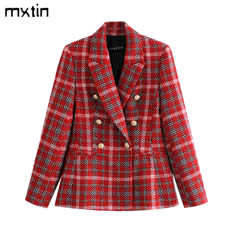  Double Breasted Plaid Blazers and Jackets Work Office Lady Autumn Women Suit Sl - £163.36 GBP