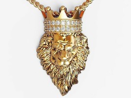2 CT Diamond King Crown Lion Men&#39;s Pendant Charm 14k Yellow Gold Over Solid - £166.00 GBP