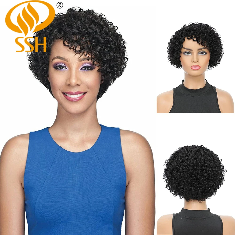 Wear Go Glueles Curly Wigs Short Pixie Cut Human Hair For Women Natural Black - £22.97 GBP+