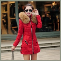 Racoon Faux Fur Trimmed Hood Long Sleeve Duck Down Red Parka Coat Jacket image 2