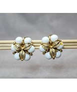 Vintage Mid-Century Gold-tone Trefoil Leaf &amp; White Beads Clip-on Stud Ea... - £13.93 GBP