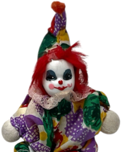 Vtg Porcelain Face Jester Clown Doll 5.5" Sandbag Body Red Hair Colorful Suit image 3