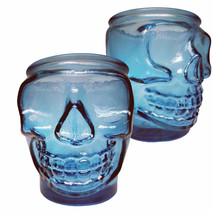 Skull Glass Aqua Blue 13.5 oz, Set of 2, Drinking Glass Candle Holder Gothic - £24.04 GBP