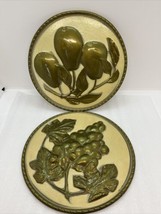 Vintage MCM Hammered Brass Floral Wall 7.5” Plates Made In England Set (2) Fruit - $17.75