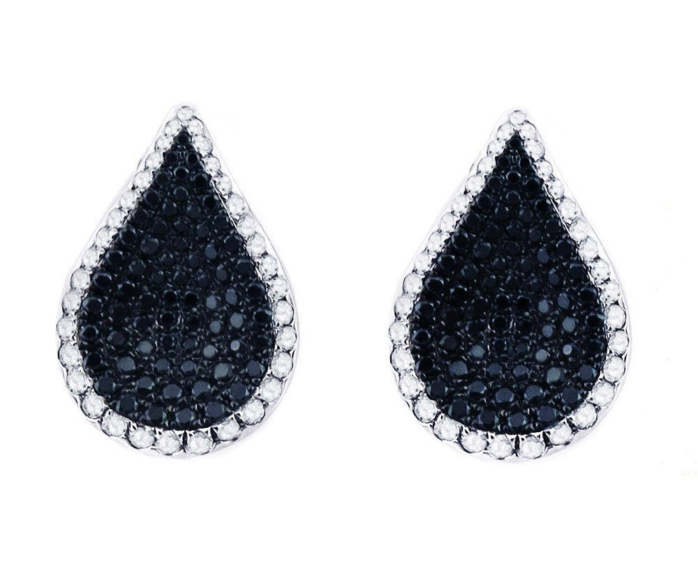 18k White Gold Black and White Diamond Teardrop Earrings With Push Backs 1.60 ct - $2,465.00