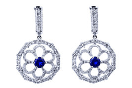 14k Diamond and Sapphire Dangling Flower Earrings September Birthstone 1.50 ct - £1,804.12 GBP
