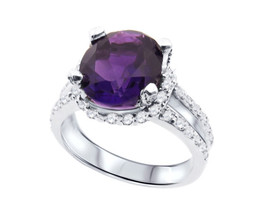 14k White Gold Diamond And Oval Shape Amethyst Ring - £1,014.95 GBP