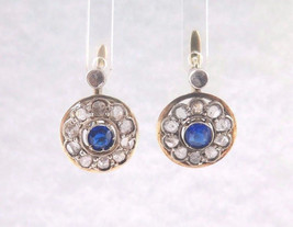 14k Two Tone Gold Antique Old Minors Diamond Earrings With Sapphire Stones  - $850.00